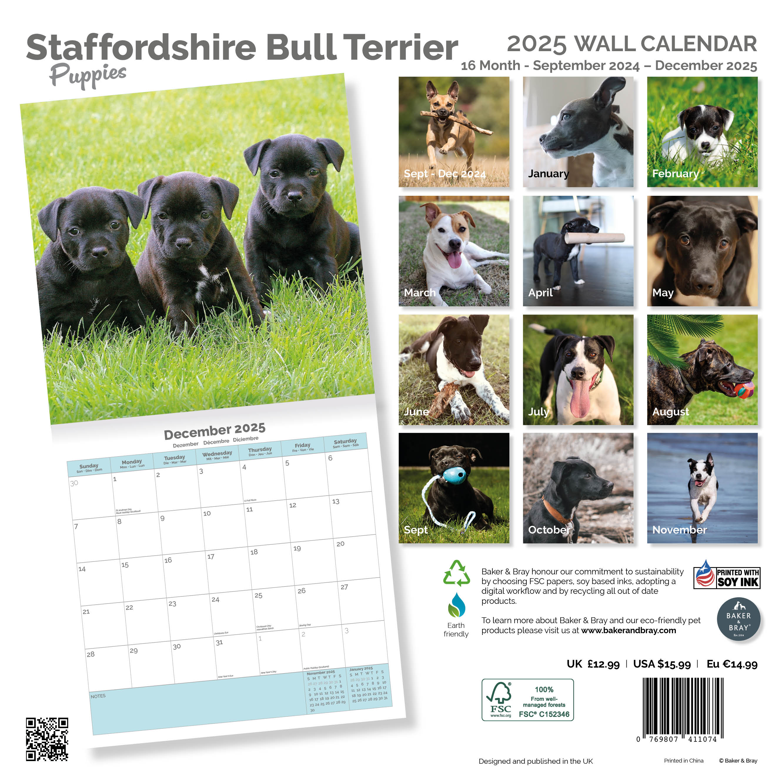 Staffordshire Bull Terrier Puppies Calendar 2025